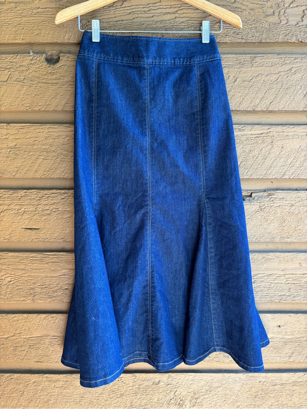 Classic Blue Denim Midi Skirt - Women's Flared Panel
